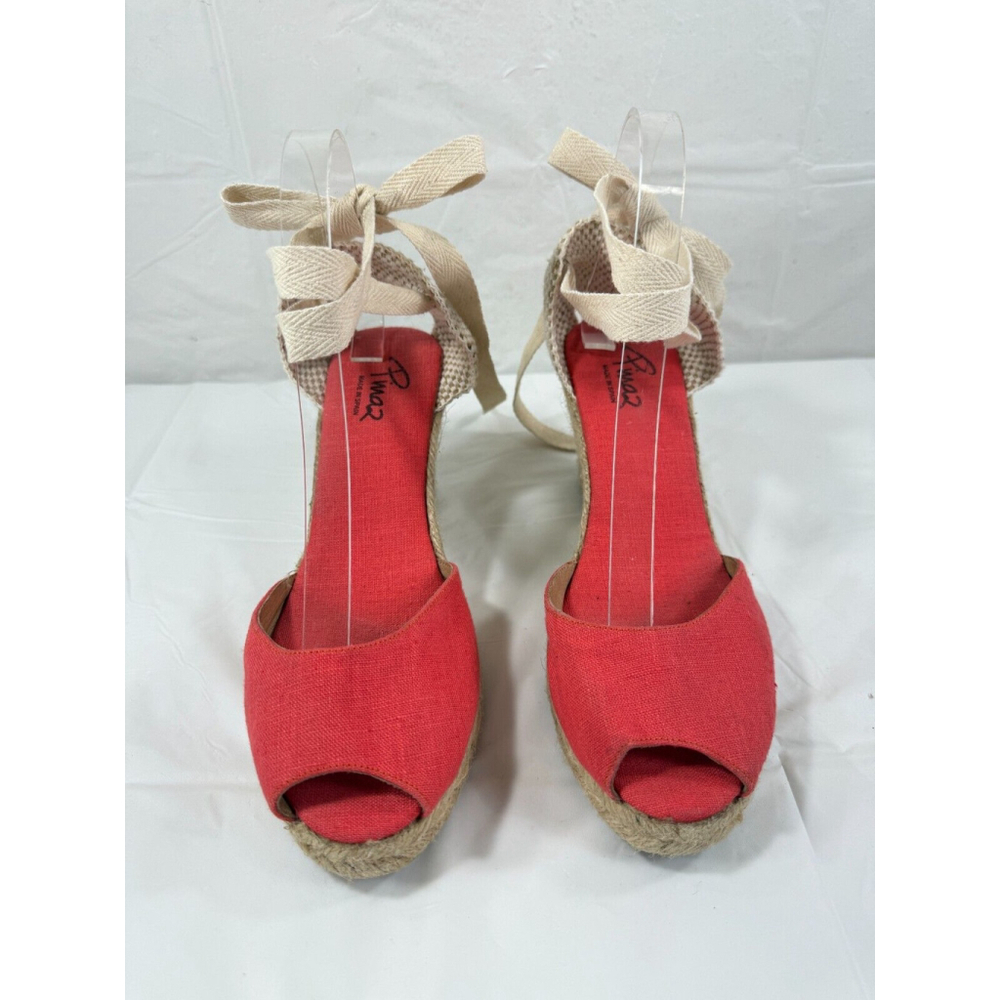 Pinaz Made in Spain CORAL & White Lace Up Espadrille Wedges Size 39 (US Size 8.5
